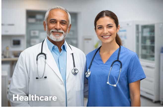 Modern healthcare facility with medical professionals